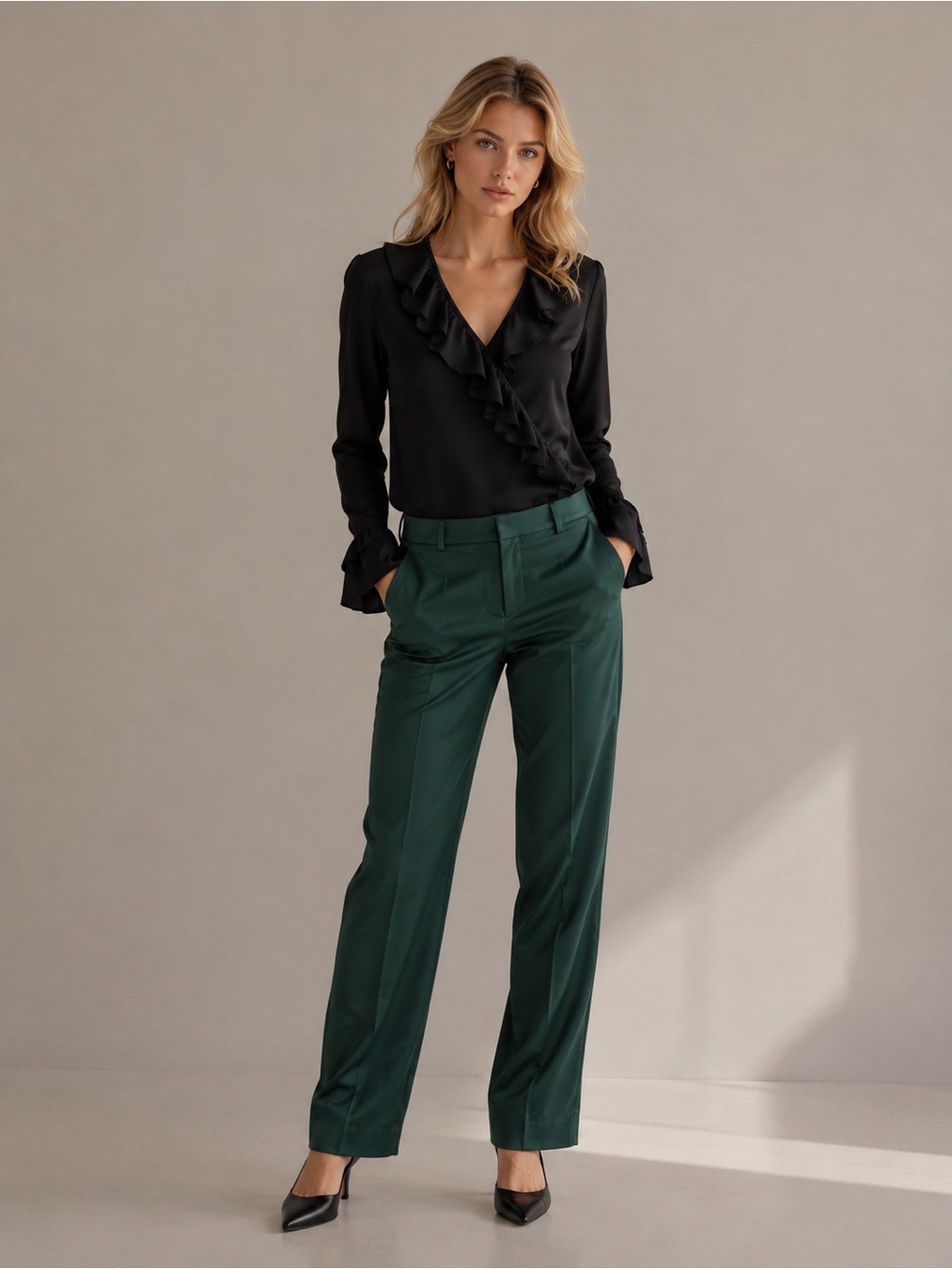 L’Agence Straight-Leg Forest Green Dress Pants